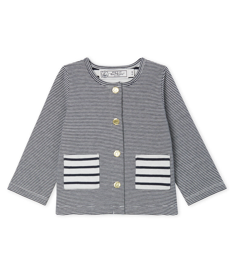 Cardigan b&eacute;b&eacute; fille en maille ray&eacute;e bleu/blanc
