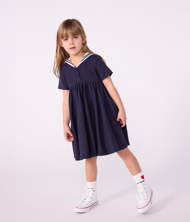 Robe enfant en coton manches courtes unie bleu marine