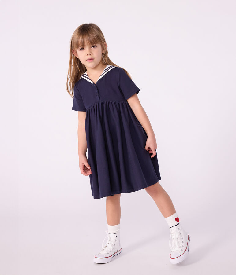 Robe enfant en coton manches courtes unie bleu SMOKING