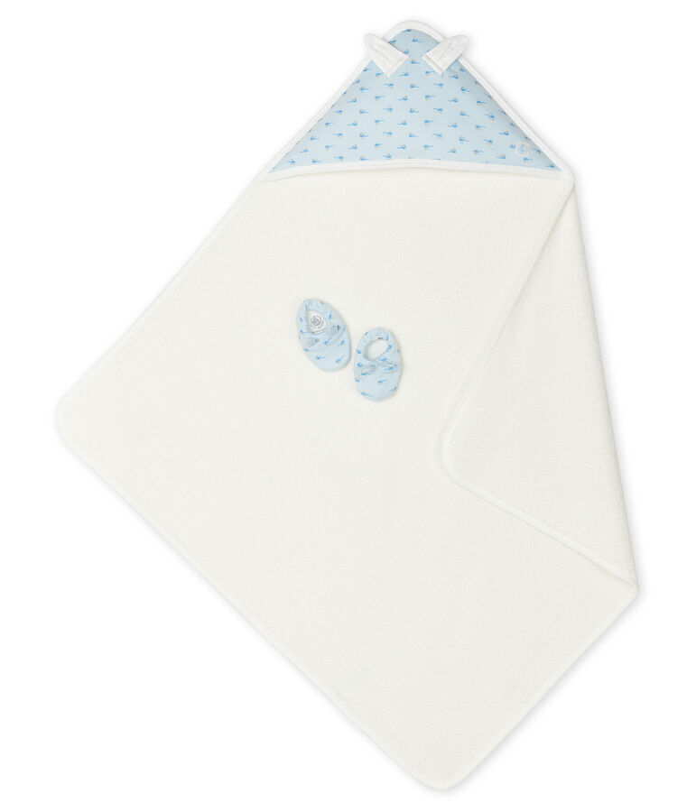 Coffret carr&eacute; de bain et chaussons b&eacute;b&eacute; en &eacute;ponge et c&ocirc;te bleu FRAICHEUR/blanc MULTICO