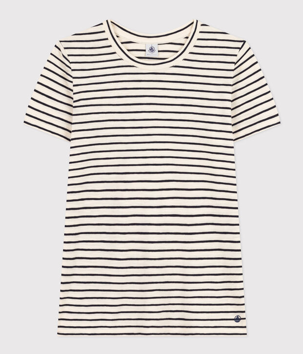 Tee-shirt Le Droit col rond en coton ray&eacute; femme &eacute;cru/bleu
