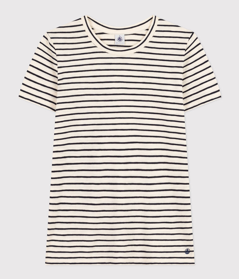 Tee-shirt Le Droit col rond en coton ray&eacute; femme &eacute;cru/bleu