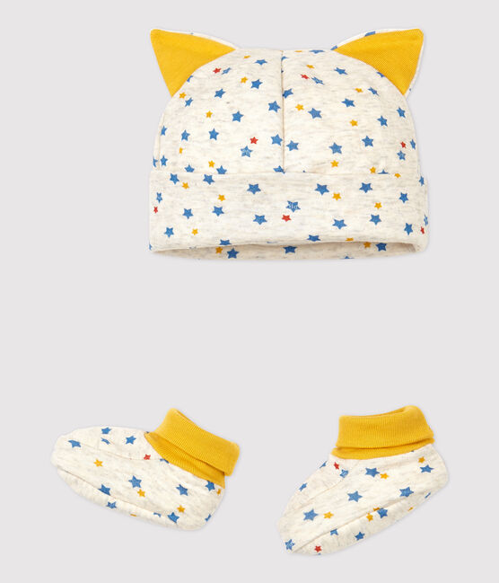 Lot bonnet naissance et chaussons bébé garçon en laine et coton biologique beige MONTELIMAR/blanc MULTICO