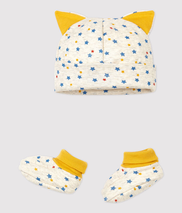 Lot bonnet naissance et chaussons b&eacute;b&eacute; gar&ccedil;on en laine et coton biologique beige/multicouleur