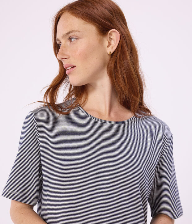 Chemise de nuit femme en coton manches courtes &agrave; rayures bleu/blanc