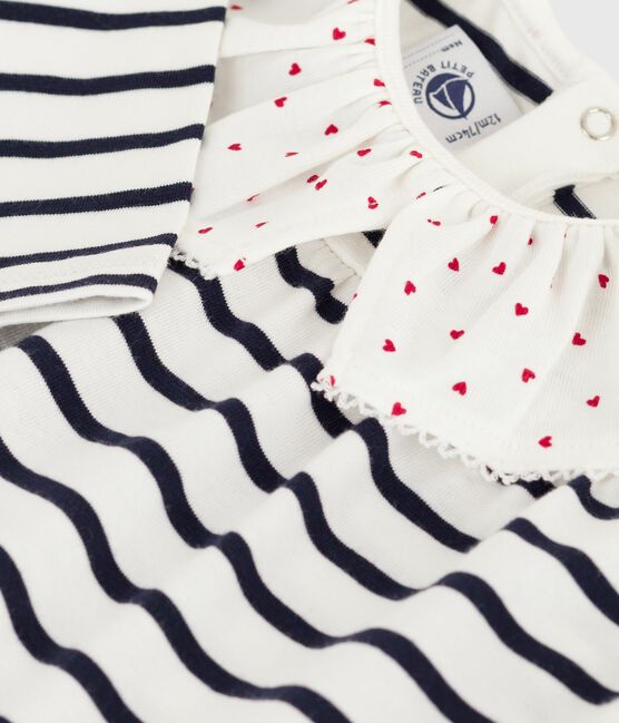 Blouse bébé en coton manches longues, marinière et col cœurs blanc MARSHMALLOW/bleu SMOKING