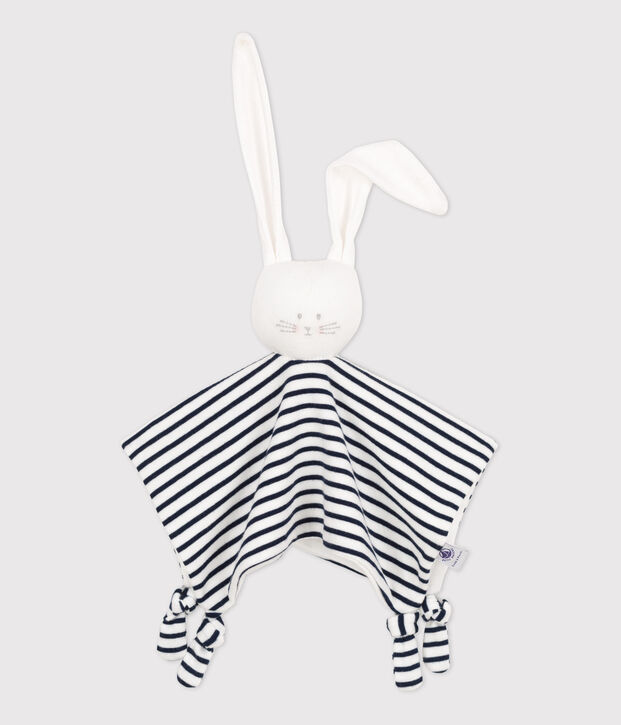 Doudou lapin marini&egrave;re b&eacute;b&eacute; en coton biologique blanc/bleu