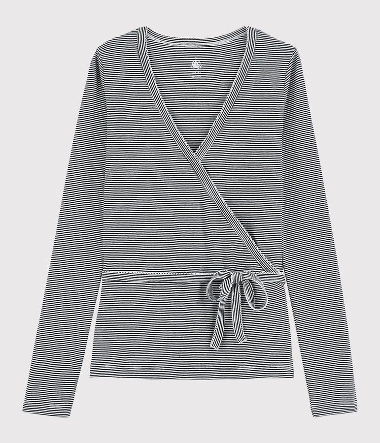 Cardigan cache-c&oelig;ur en coton ray&eacute; Femme bleu SMOKING/blanc MARSHMALLOW