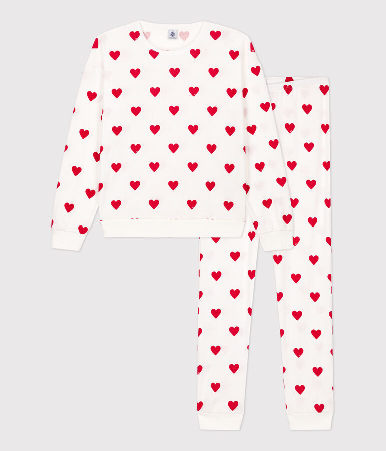 Pyjama c&oelig;ur en coton femme blanc MARSHMALLOW/rouge TERKUIT