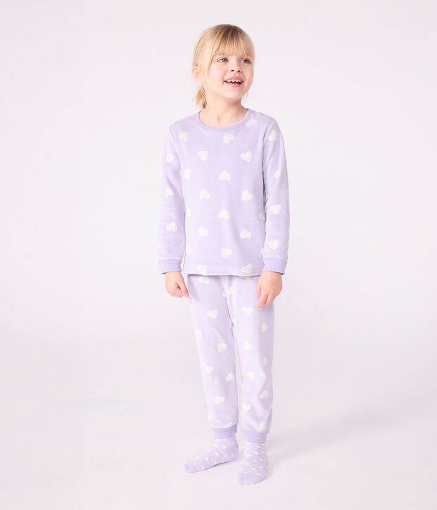 Pyjama enfant en velours imprim&eacute; c&oelig;urs violet/blanc
