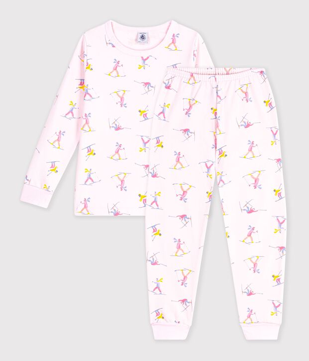 Pyjama enfant en molleton imprim&eacute; skieurs rose/multicouleur