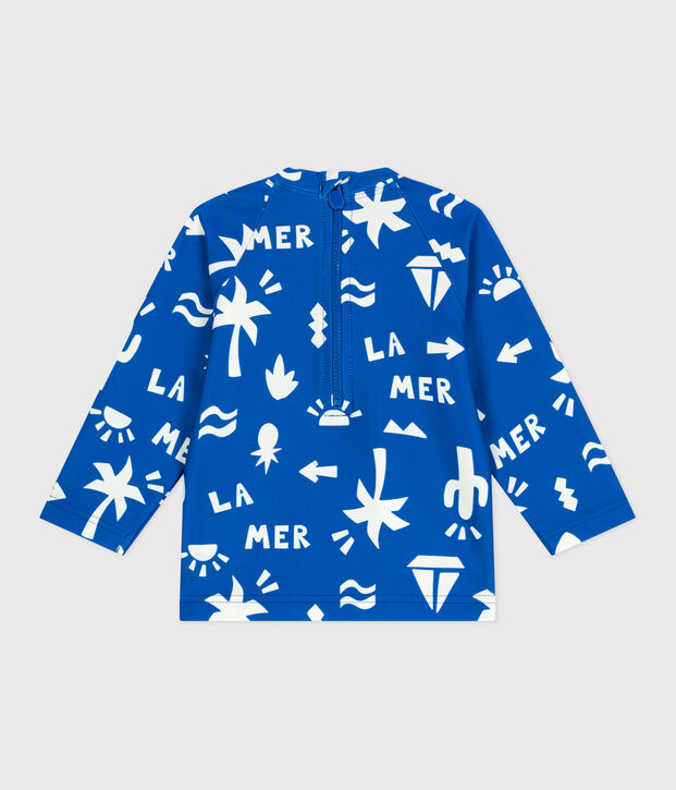 T-shirt anti UV b&eacute;b&eacute;, imprim&eacute; plage bleu/blanc