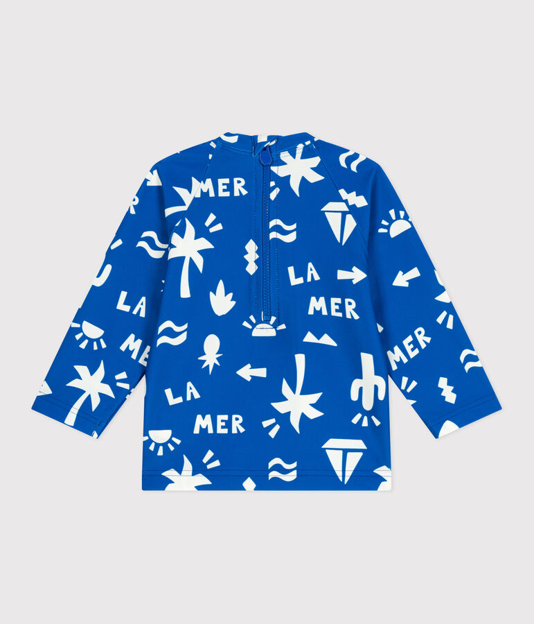 T-shirt anti UV b&eacute;b&eacute;, imprim&eacute; plage bleu PORCELANA/ MARSHMALLOW