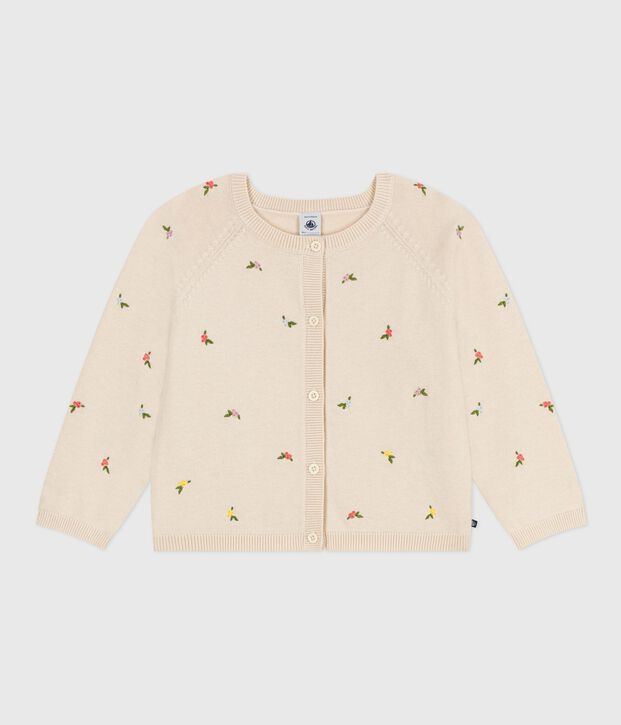 Cardigan enfant en laine et coton &agrave; motifs brod&eacute;s &eacute;cru/multicouleur