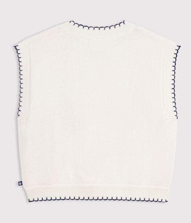 Pull &agrave; torsades enfant en laine et coton sans manche blanc