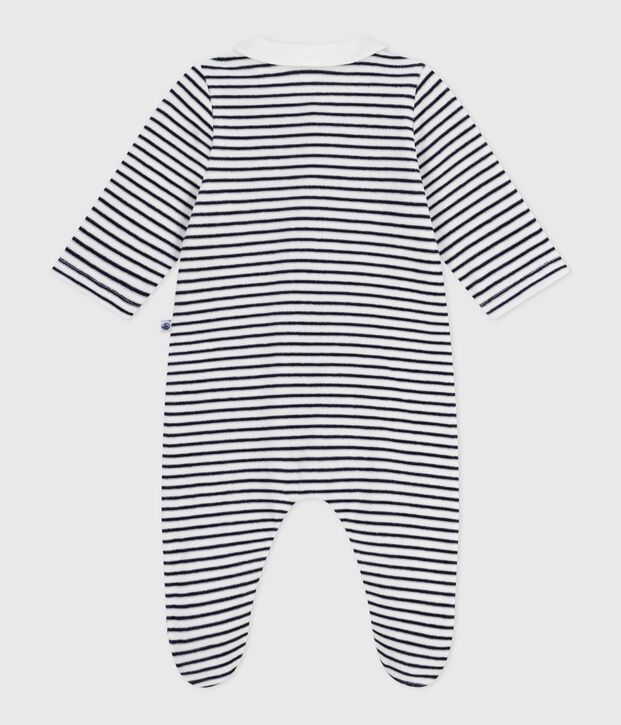 Pyjama b&eacute;b&eacute; en velours &agrave; col imprim&eacute; blanc/bleu