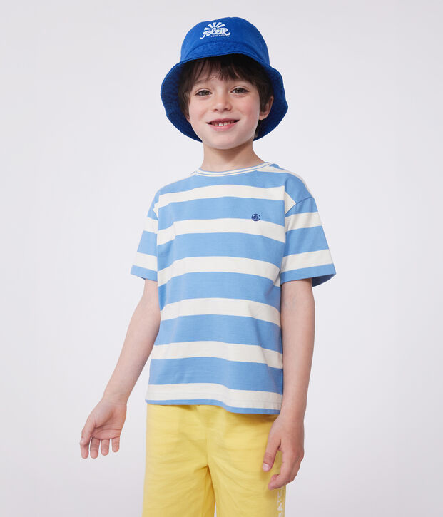 Tee-shirt enfant en coton manches courtes &agrave; rayures bleu/&eacute;cru