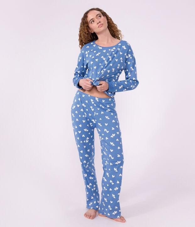 Pyjama femme en coton imprim&eacute; c&oelig;urs bleu/blanc