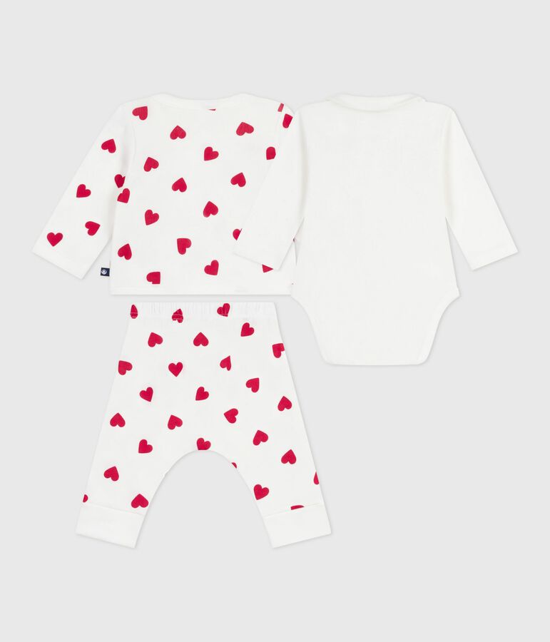 Ensemble b&eacute;b&eacute; 3 pi&egrave;ces cache-coeur imprim&eacute; c&oelig;urs en coton blanc MARSHMALLOW/rouge TERKUIT