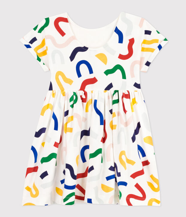 Robe imprim&eacute;e manches courtes en coton enfant fille blanc/multicouleur