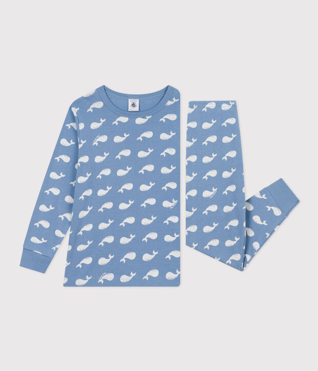 Pyjama en coton imprim&eacute; baleine enfant bleu/blanc