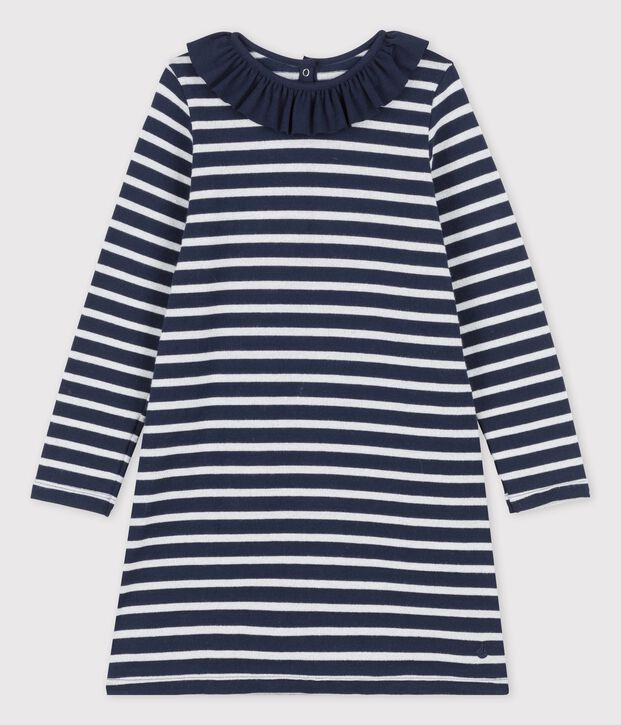 Robe manches longues en coton enfant fille bleu/blanc/gris