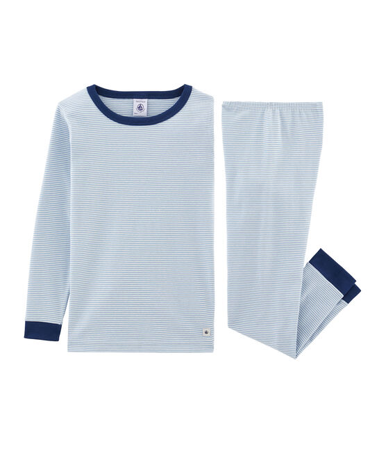Pyjama petit garçon coupe très ajustée en côte bleu ACIER/blanc MARSHMALLOW