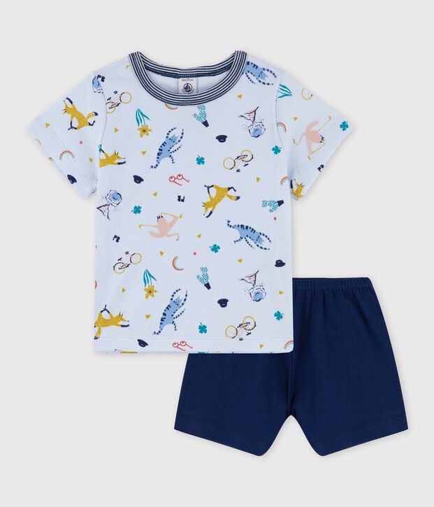 Pyjacourt imprim&eacute; animaux yoga petit gar&ccedil;on en coton bleu/multicouleur
