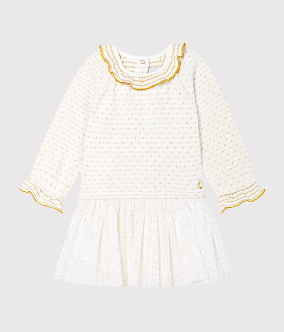 Robe manches longues bi-matière bébé fille blanc MARSHMALLOW/jaune OR