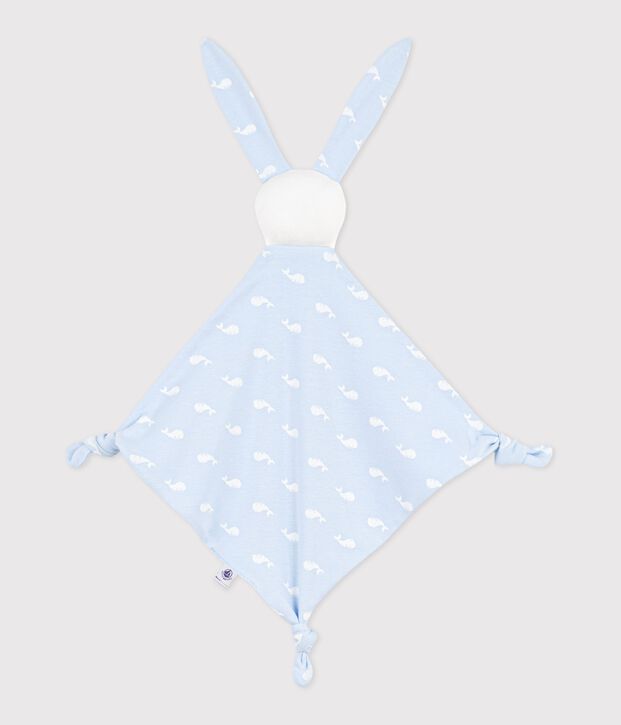 Doudou b&eacute;b&eacute; en coton imprim&eacute; baleine bleu/blanc