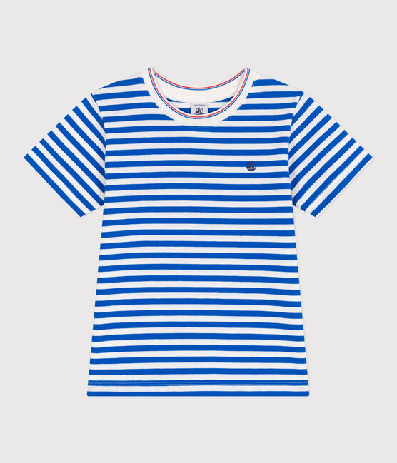 Teeshirt enfant en coton manches courtes à rayures bleu PORCELANA/ MARSHMALLOW