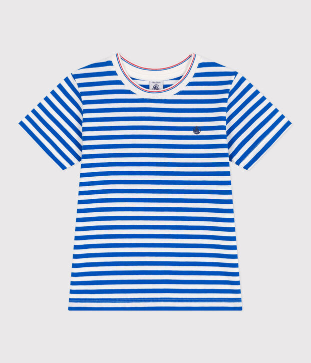 Teeshirt enfant en coton manches courtes &agrave; rayures bleu/blanc