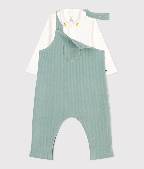 Ensemble naissance salopette et body brodé en coton vert PAUL