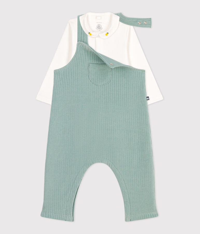 Ensemble naissance salopette et body brod&eacute; en coton vert PAUL