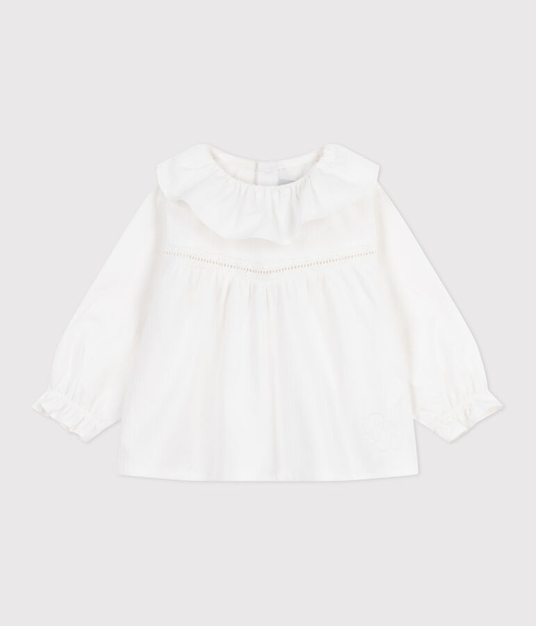 Blouse b&eacute;b&eacute; en popeline de coton manches longues, &agrave; col et brod&eacute;e blanc ECUME