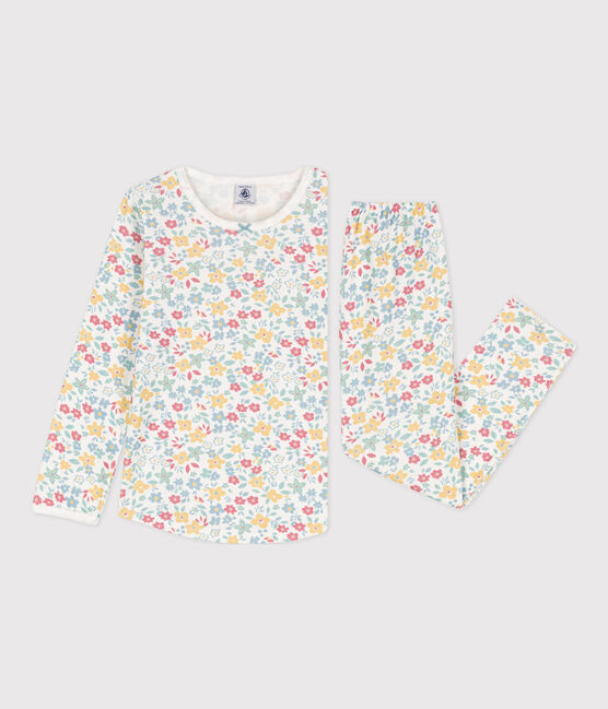 Pyjama fleurs en coton petite fille blanc MARSHMALLOW/blanc MULTICO