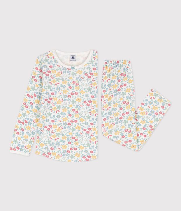Pyjama fleurs en coton petite fille blanc/multicouleur
