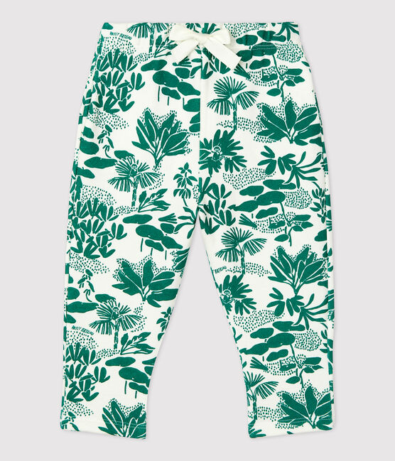 Pantalon imprimé végétal en molleton bébé blanc MARSHMALLOW/vert GAZON