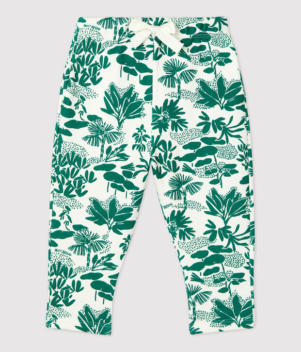 Pantalon imprim&eacute; v&eacute;g&eacute;tal en molleton b&eacute;b&eacute; blanc/vert