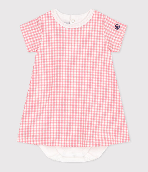 Robe b&eacute;b&eacute; en coton &agrave; manches courtes et body int&eacute;gr&eacute; blanc/rose