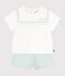 Ensemble b&eacute;b&eacute; 2 pi&egrave;ces en coton/lin, haut col marin blanc/bleu