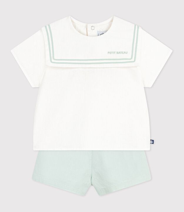 Ensemble b&eacute;b&eacute; 2 pi&egrave;ces en coton/lin, haut col marin blanc/bleu