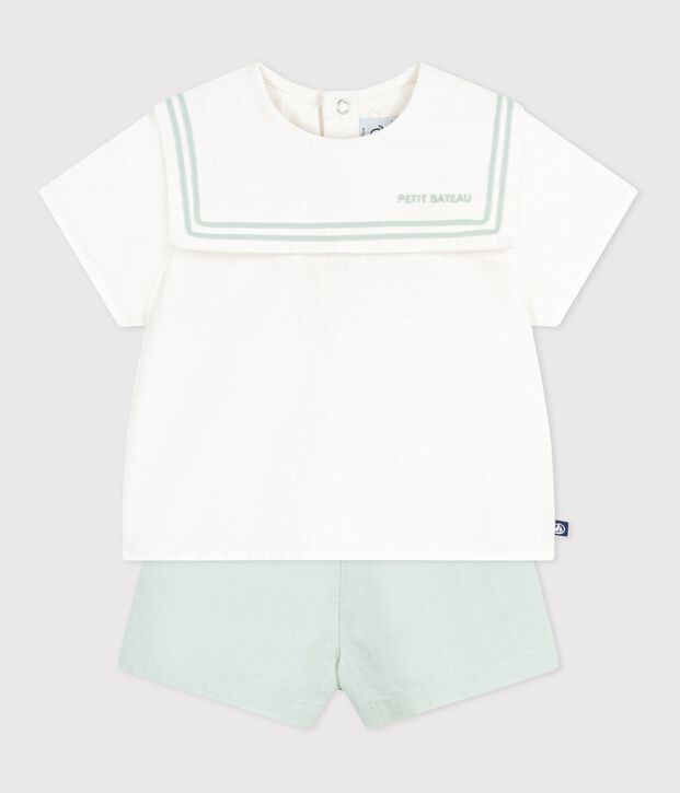 Ensemble b&eacute;b&eacute; 2 pi&egrave;ces en coton/lin, haut col marin blanc/bleu