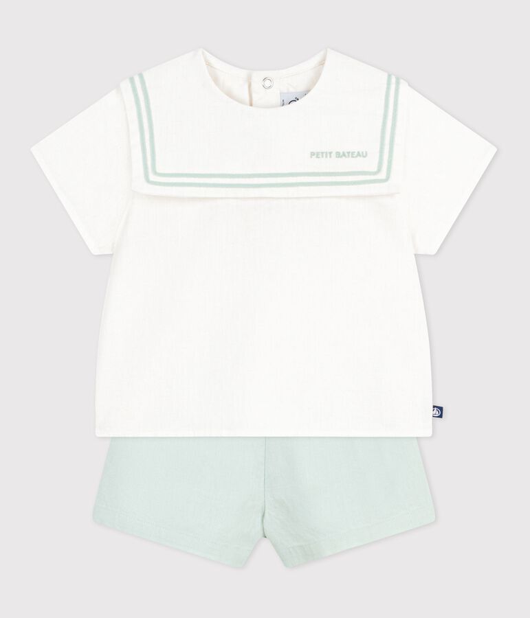 Ensemble b&eacute;b&eacute; 2 pi&egrave;ces en coton/lin, haut col marin blanc/bleu