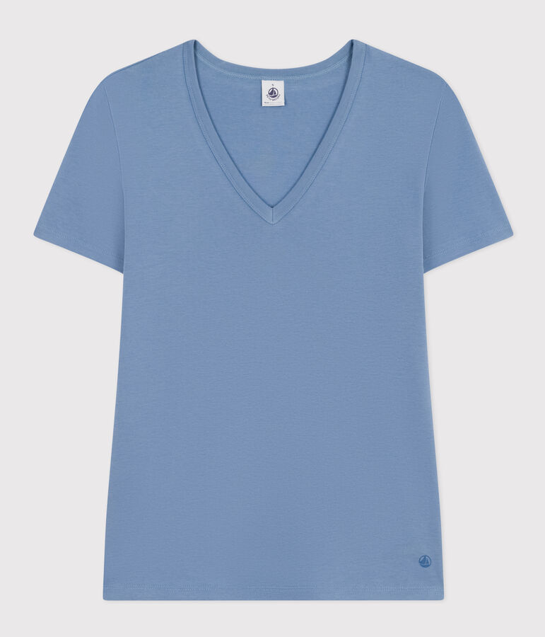 Tee-shirt l'Iconique col V en coton uni femme bleu BEACH