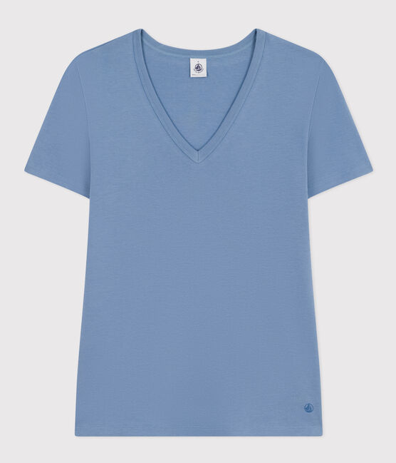 Tee-shirt l'Iconique col V en coton uni femme bleu BEACH