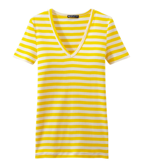 T-shirt femme col V en côte originale rayée jaune SHINE/blanc MARSHMALLOW