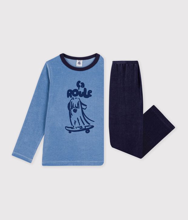 Pyjama enfant en velours uni &agrave; motif bleu/bleu