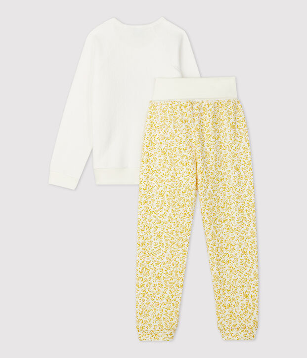 Pyjama fleuri petite fille en bouclette &eacute;ponge gratt&eacute;e jaune/blanc