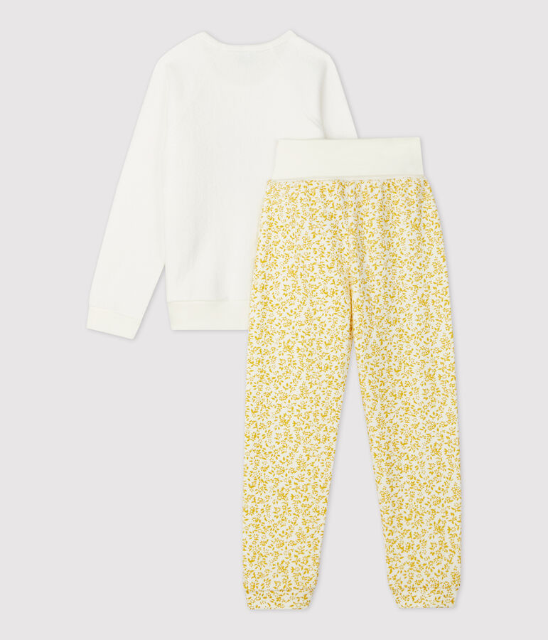 Pyjama fleuri petite fille en bouclette &eacute;ponge gratt&eacute;e jaune OCRE/blanc MARSHMALLOW